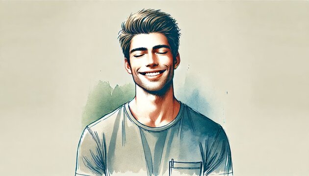 Portrait of happy and positive man close eyes, smiling carefree, standing in t-shirt on background. Smile emotion illustration