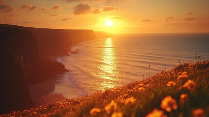 Golden Sunset over Dramatic Ocean Cliffs and Wildflowers