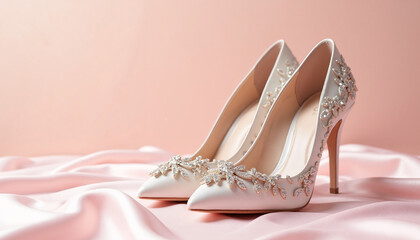 Naklejka premium Elegant bridal shoes on soft pink satin background