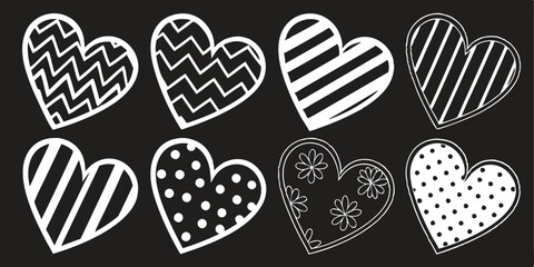 Creative black and white hearts with stylish patterns and textures