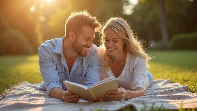 Happy couple reading book together in park. (1) - Powered by Adobe