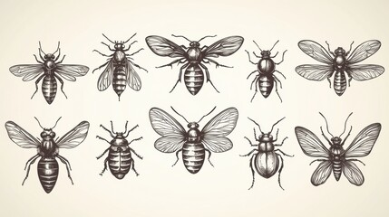 Vintage Illustration of Various Types of Bees and Insects in Detail