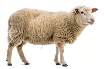 Fototapeta premium Woolly Sheep Side View on White Background for Agricultural and Farming Purposes