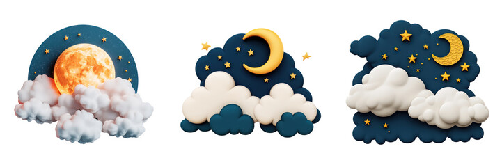 3D illustration of clouds at night with glowing moon and stars, creating dreamy atmosphere