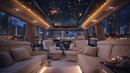 Fototapeta premium Luxury Van Interior with Starry Sky and City View at Night