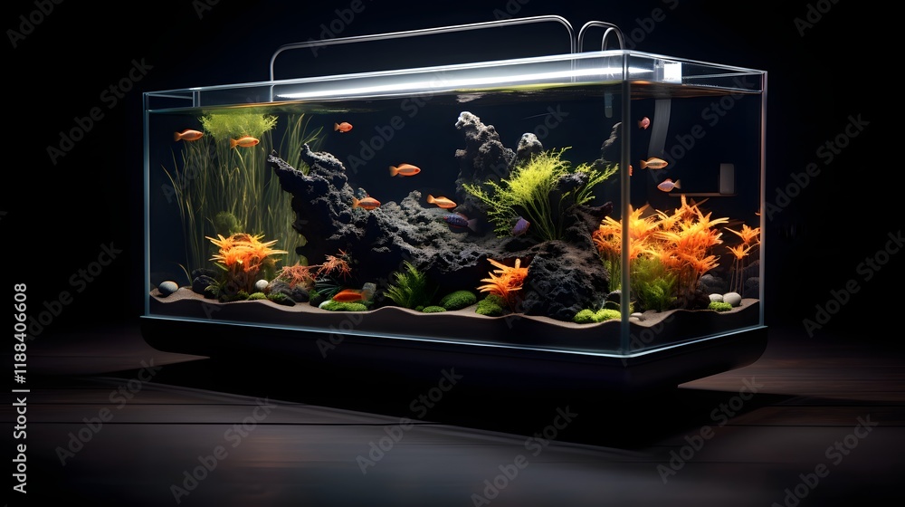 Poster captivating and serene underwater scene featuring a fish tank with unique lighting that mimics the n