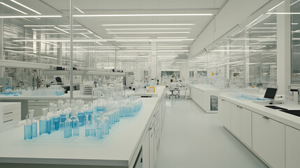 Obraz premium Bright laboratory with white cabinets, glass equipment, and glowing blue liquids