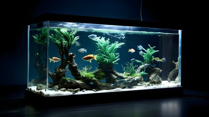 Stunning Fish Tank with Unique Underwater Lighting that Mimics the Warm Natural Sun Rays Creating a Captivating and Serene Aquatic Ecosystem for Home or Office Decor