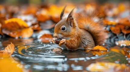 A squirrel enjoying a nut in a serene pond surrounded by autumn leaves.