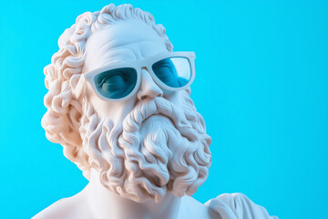 3D Greek statue in white marble with sunglasses and a beard on a pastel blue background.
