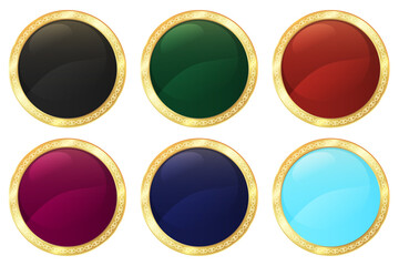 Set of Golden Buttons with Colorful Backgrounds, Collection, Badge, Lable, Emblem, Frame, Golden Gradient