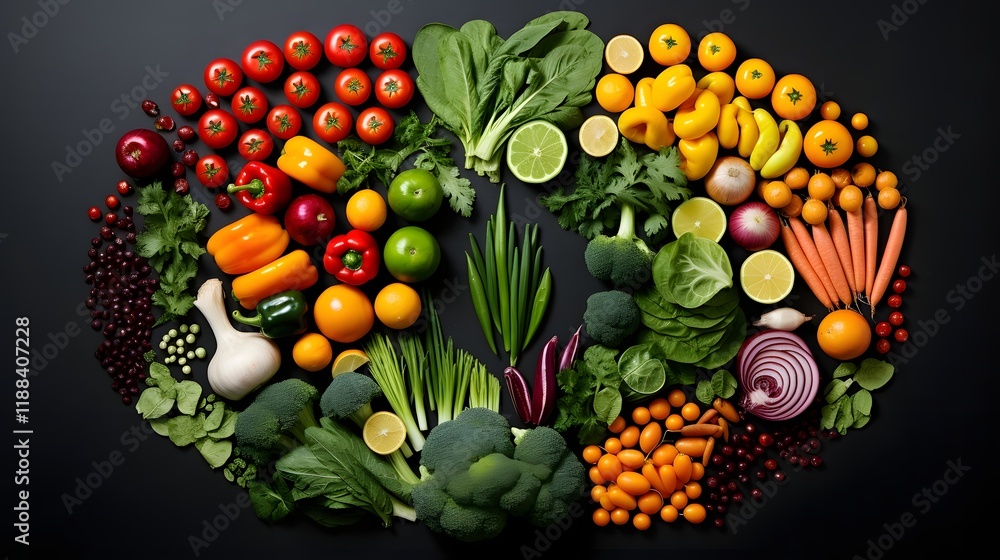 Poster a visually appealing flat lay composition of assorted vibrant vegetables arranged by color on a text
