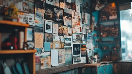 Fototapeta premium Vintage Collage of Photographs and Postcards on a Wall