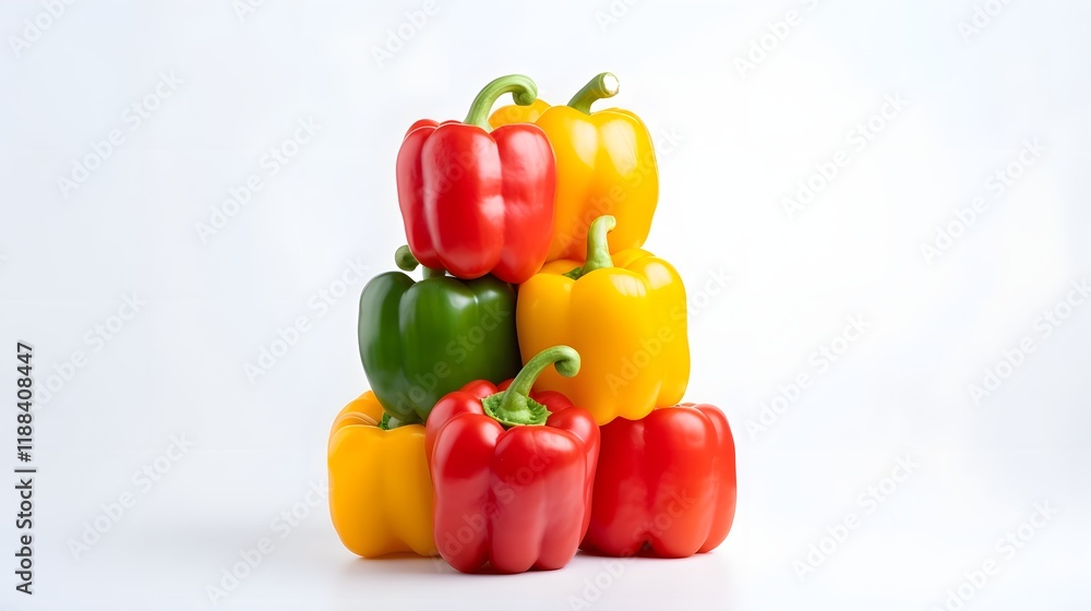 Poster vibrant and colorful stack of assorted fresh bell peppers or capsicums displayed on a clean white ba