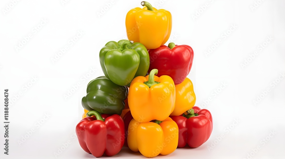 Poster visually appealing stack of assorted colored bell peppers displayed on a plain white background for 