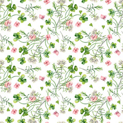 Little pink flowers, clover and wildflowers on watercolor seamless floral pattern isolated. Realistic spring herbs wild rosemary, shamrock on repeated background hand drawn. Meadow design for textile