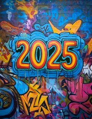 カラフルなストリートアートに囲まれた、グランジ風の都市の壁に描かれたグラフィティスタイルの「2025」