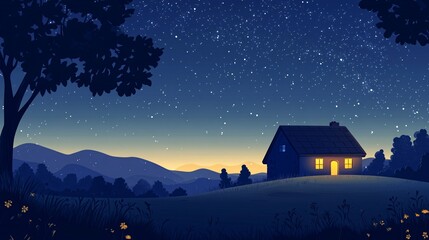 Fototapeta premium Cozy Cottage Under a Starry Night Sky with Mountains in Background