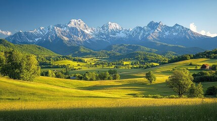 Sunny valley and snowy mountain range in rural landscape.