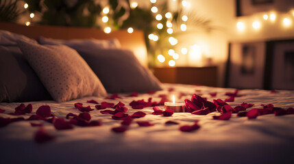 Cozy romantic bed adorned with soft pillows, fluffy blankets, and warm lighting, creating an inviting atmosphere perfect for relaxation, love, and intimate interior design themes