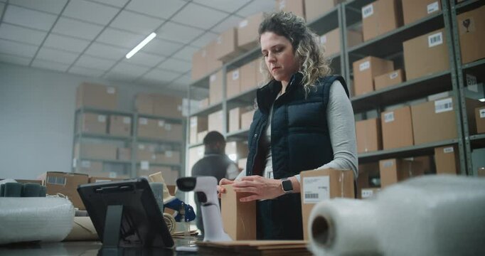 Female Warehouse Clerk Packs Cardboard Box with Online Order, Scans Code, Uses Tablet Computer, Prepares Parcels for Shipping to Clients. Sorting Center of E-Commerce Store, Postal Delivery Service.