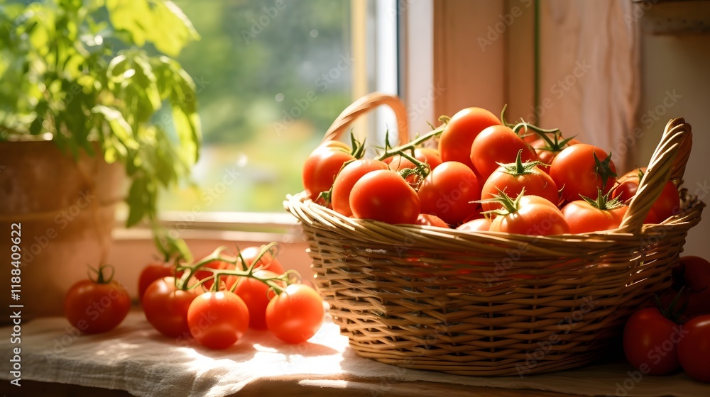 Poster bountiful basket of ripe juicy tomatoes placed on a sunny windowsill creating a natural and inviting