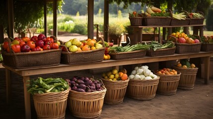 Lively Farmer s Market Setting Showcasing a Diverse Array of Fresh Seasonal Vegetables and Produce Artfully Arranged in Woven Baskets and Crates for a Rustic Natural Display