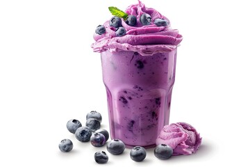 Detailed Picture of Frosted Blueberry Smoothie Isolated on White Background
