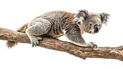 Obraz premium Koala climbing tree branch, isolated white background, wildlife photography for nature documentaries.
