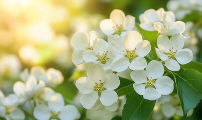 Obraz premium Blossoming apple tree flowers in spring sunshine.