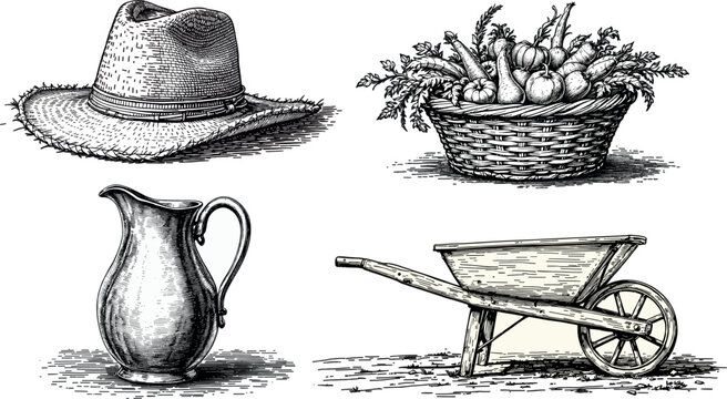 Hand drawn vintage engraving style line work illustration of farm tools and produce vector