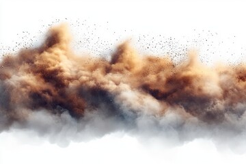 A cloud of brown and gray dust billows against a white background, creating a dynamic and textured visual effect.