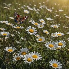 A butterfly fluttering above a patch of daisies in a countryside meadow.


