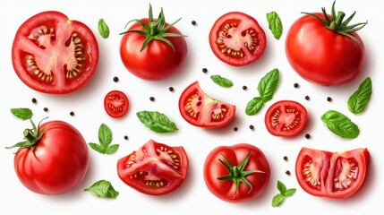 Fresh Tomatoes and Basil Leaves Arranged on White Background