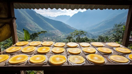 Fototapeta premium Freshly Sliced Citrus Fruits on Wooden Table with Scenic Mountain View