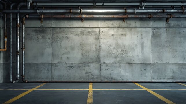 Industrial pipe wall in concrete garage offers a modern grungy backdrop