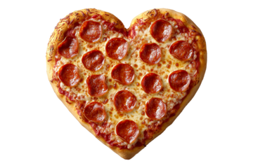 Heart shaped pepperoni pizza with melted cheese and crispy crust, isolated on white transparent background, perfect for love or romantic themes