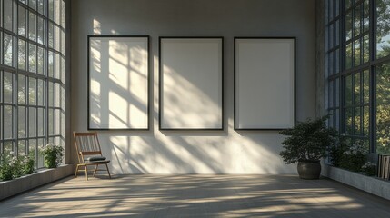 Bright Modern Gallery Space with Empty Frames and Natural Light