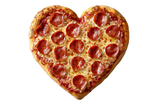 Heart shaped pepperoni pizza with melted cheese and crispy crust, isolated on white transparent background, perfect for love or romantic themes