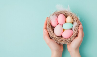 Gentle Hands Holding Nest of Pastel Easter Eggs on Light Blue Background &ndash; Perfect for Easter, Christmas, Thanksgiving