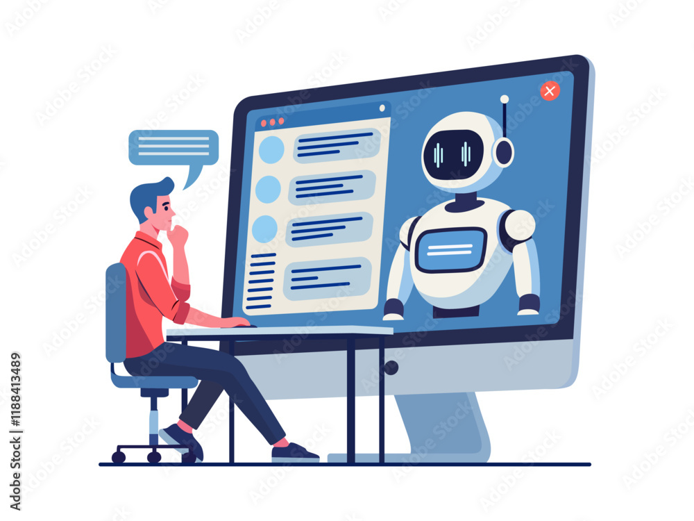 Wall mural futuristic concept man talking ai chatbot computer screen artificial intelligence robot assistant on