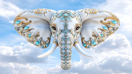 Obraz premium Ornate White Elephant with Blue Gems Majestic Sky Background