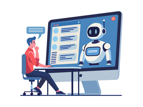 man interacting with ai robot on computer clip art preview