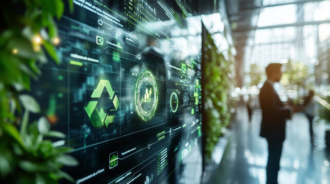 Ai-generated eco-friendly project presentation by corporate leaders in modern office environment