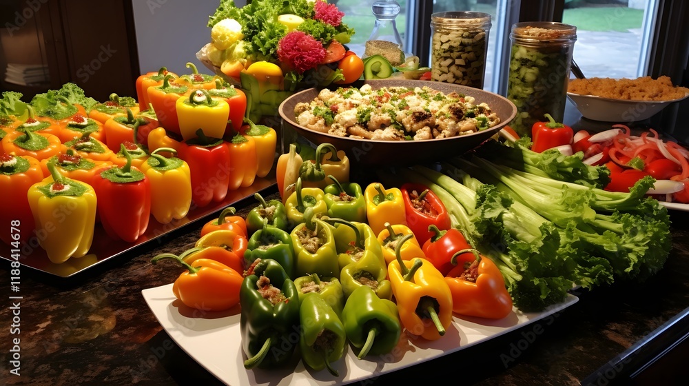 Poster a table filled with a vibrant array of fresh vegetable appetizers including colorful stuffed peppers