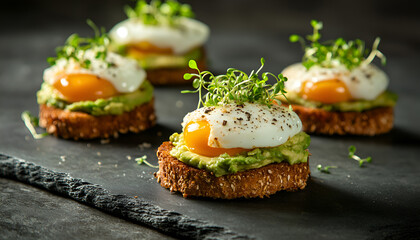 Avocado Egg Sandwiches for healthy breakfast. Whole grain toasts with mashed avocado, fried eggs and organic microgreens