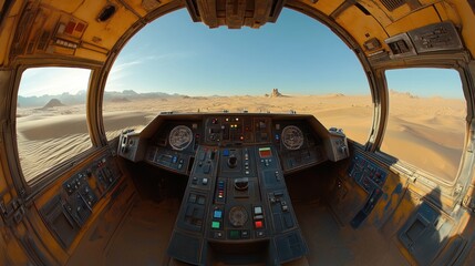 Futuristic cockpit view with desert landscape under clear sky