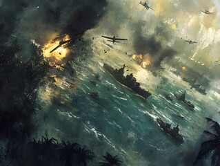 Naklejka premium Fiery Naval Battle: A Dramatic Wartime Seascape