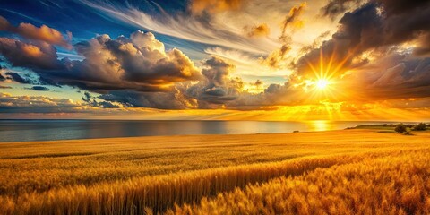Obraz premium Stunning Sunset over Golden Field and Calm Sea - Landscape Photography