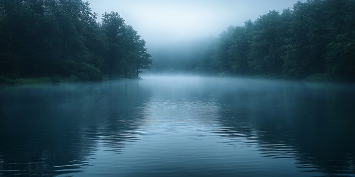 Misty lake, forest reflection, serene dawn. Nature background